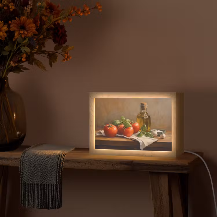 Tomaten - Olijfolie - Stilleven Light Box met kabel (Tafellamp) klein -sfeer4