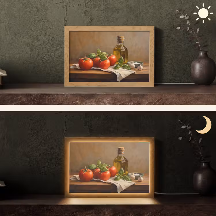 Tomaten - Olijfolie - Stilleven Light Box met kabel (Tafellamp) klein -sfeer3