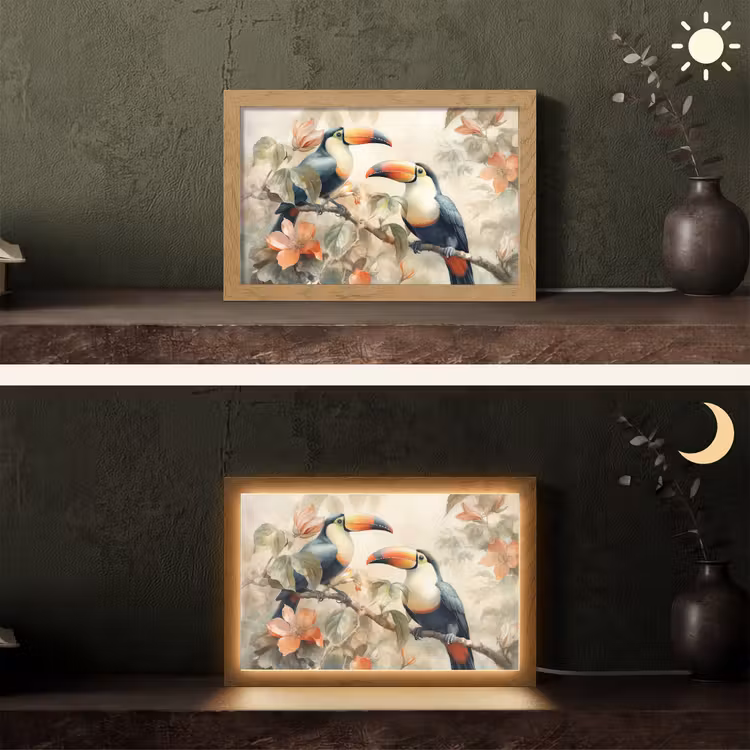 Toekan - Vogels - Bloemen - Tak Light Box met kabel (Tafellamp) klein -sfeer3