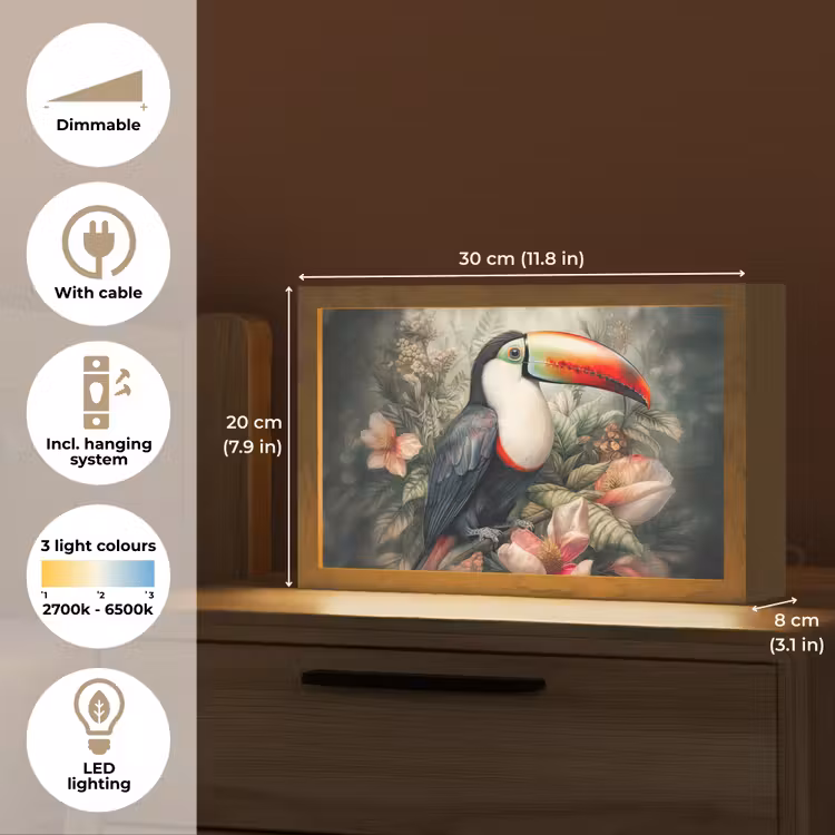 Toekan - Vogels - Bloemen - Planten - Tropisch Light Box met kabel (Tafellamp) klein -USP_EN