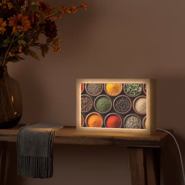 Bakjes - Hout - Kruiden - Kleurrijk Light Box met kabel (Tafellamp) klein -sfeer4