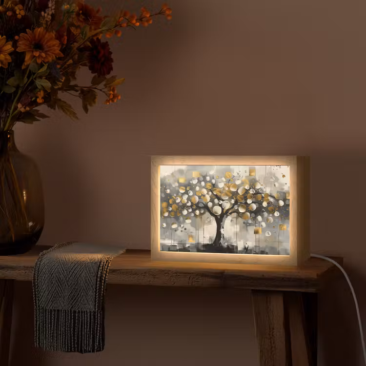 Boom - Abstract - Beige - Goud - Zwart Light Box met kabel (Tafellamp) klein -sfeer4