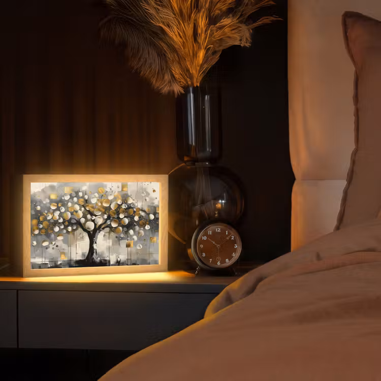 Boom - Abstract - Beige - Goud - Zwart Light Box met kabel (Tafellamp) klein -sfeer1