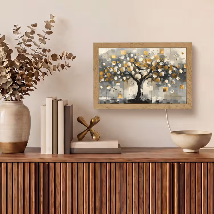 Boom - Abstract - Beige - Goud - Zwart Light Box met kabel (Tafellamp) klein -sfeer2