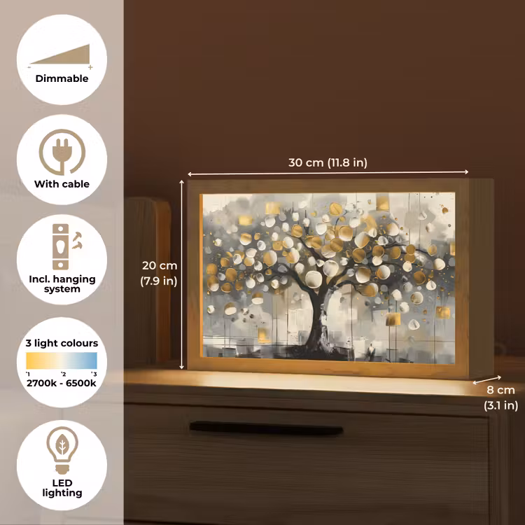 Boom - Abstract - Beige - Goud - Zwart Light Box met kabel (Tafellamp) klein -USP_EN