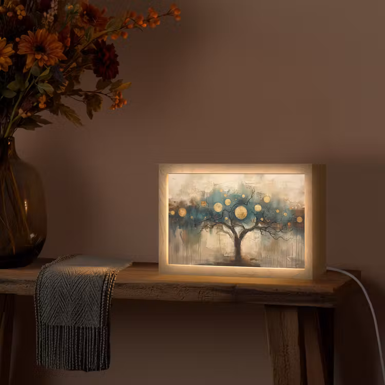 Boom - Abstract - Bruin - Goud - Industrieel Light Box met kabel (Tafellamp) klein -sfeer4