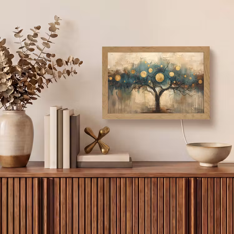 Boom - Abstract - Bruin - Goud - Industrieel Light Box met kabel (Tafellamp) klein -sfeer2