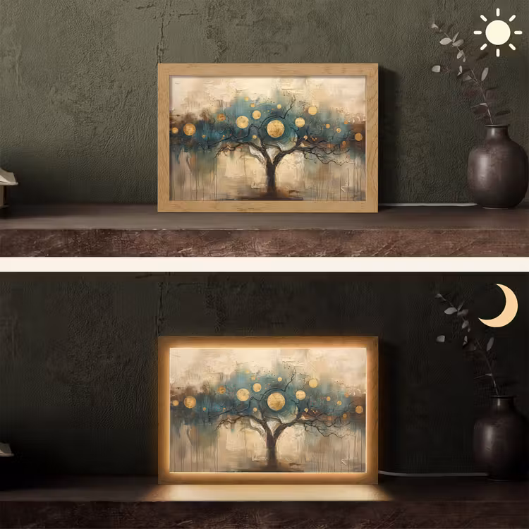 Boom - Abstract - Bruin - Goud - Industrieel Light Box met kabel (Tafellamp) klein -sfeer3