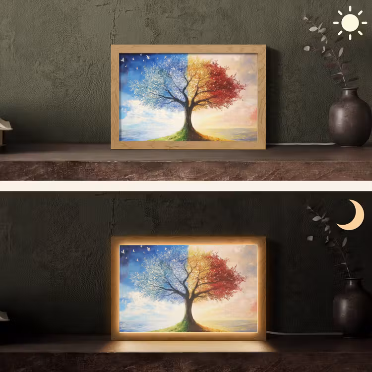 Boom - Kunst - Seizoenen - Herfst Light Box met kabel (Tafellamp) klein -sfeer3
