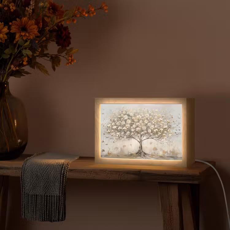 Boom - Beige - Goud - Verflook - Grijs Light Box met kabel (Tafellamp) klein -sfeer4