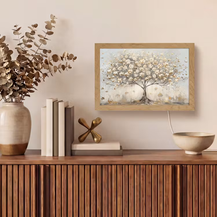 Boom - Beige - Goud - Verflook - Grijs Light Box met kabel (Tafellamp) klein -sfeer2