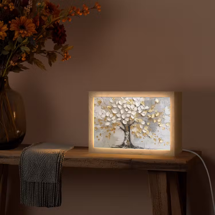 Boom - Beige - Grijs - Goud - Abstract Light Box met kabel (Tafellamp) klein -sfeer4