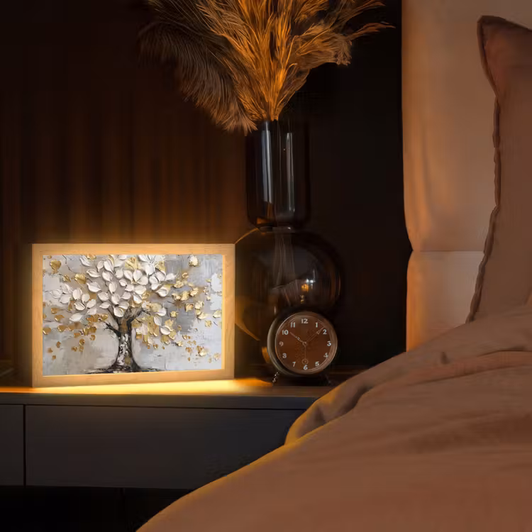 Boom - Beige - Grijs - Goud - Abstract Light Box met kabel (Tafellamp) klein -sfeer1