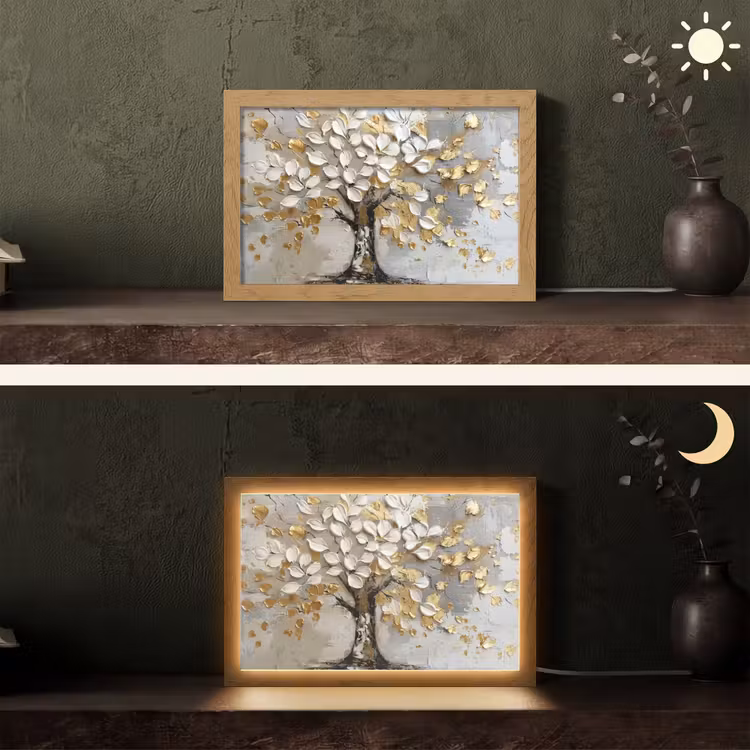 Boom - Beige - Grijs - Goud - Abstract Light Box met kabel (Tafellamp) klein -sfeer3