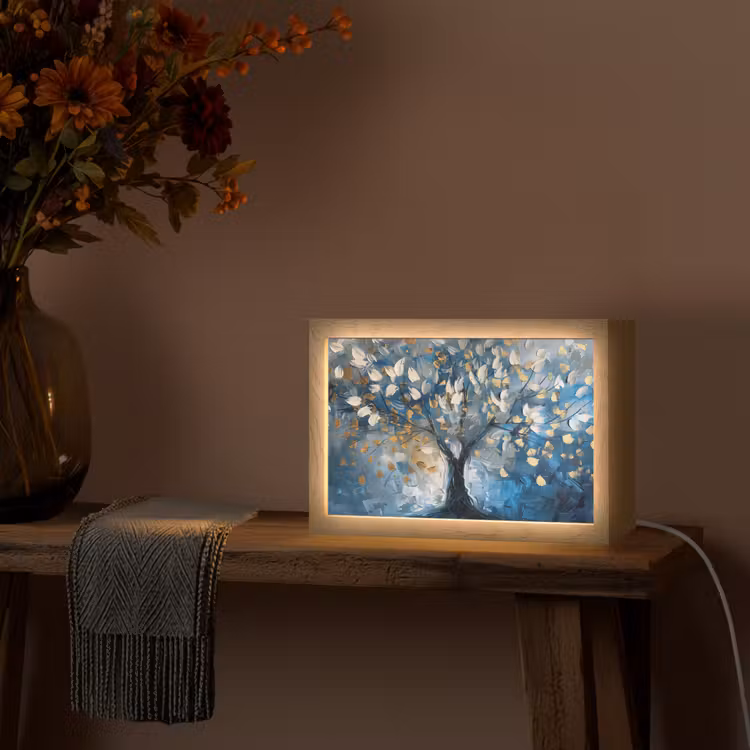 Boom - Blauw - Goud - Abstract Light Box met kabel (Tafellamp) klein -sfeer4