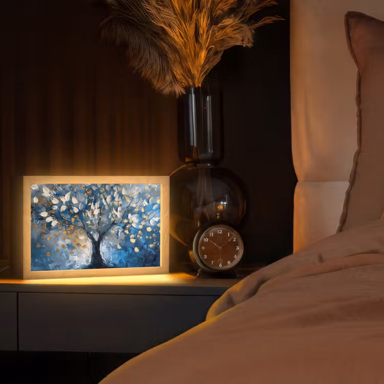Boom - Blauw - Goud - Abstract Light Box met kabel (Tafellamp) klein -sfeer1