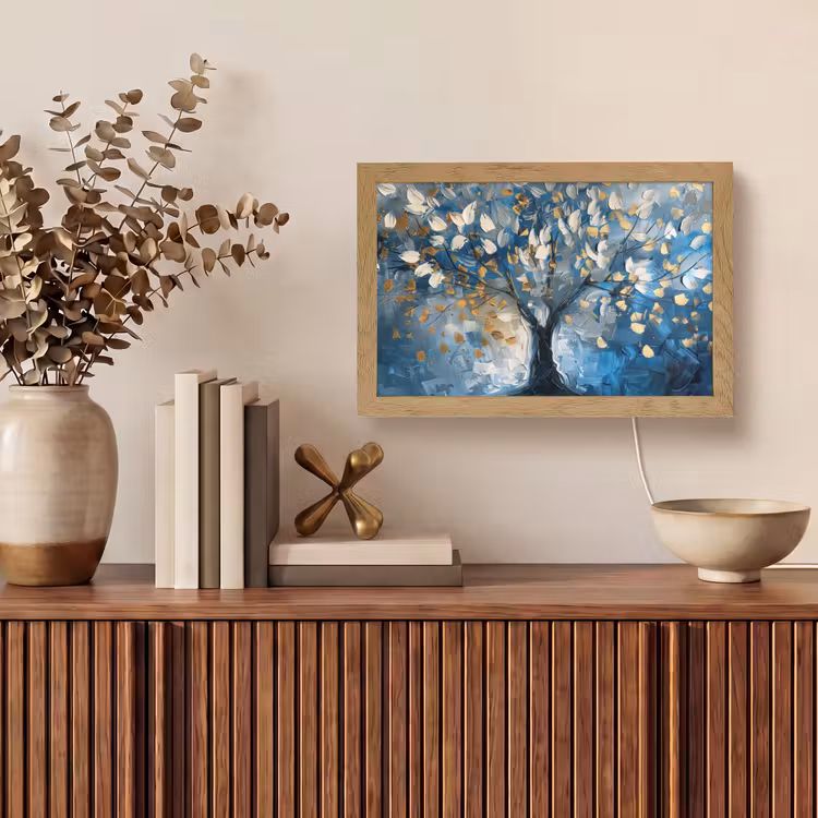 Boom - Blauw - Goud - Abstract Light Box met kabel (Tafellamp) klein -sfeer2