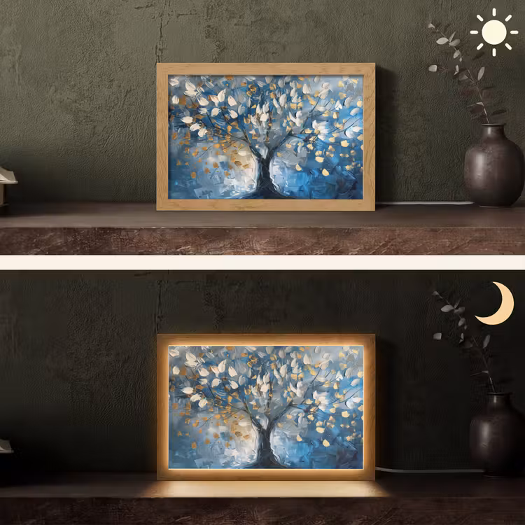 Boom - Blauw - Goud - Abstract Light Box met kabel (Tafellamp) klein -sfeer3