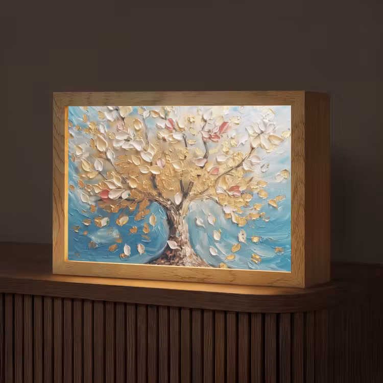 Boom - Blauw - Goud - Abstract - Modern Light Box met kabel (Tafellamp) klein -z3d_website