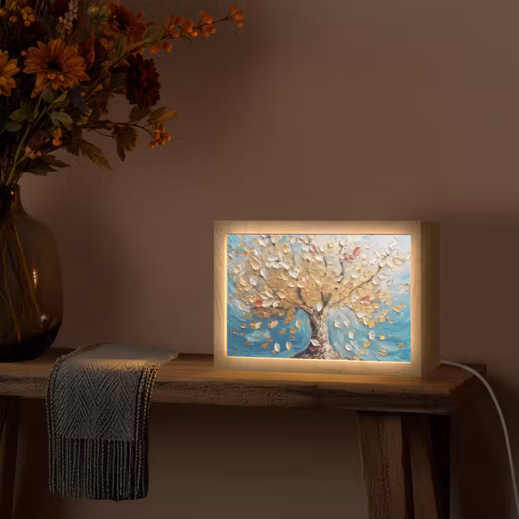 Boom - Blauw - Goud - Abstract - Modern Light Box met kabel (Tafellamp) klein -sfeer4