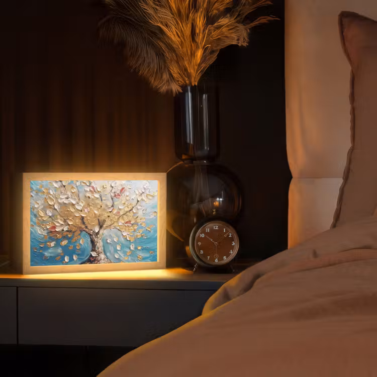 Boom - Blauw - Goud - Abstract - Modern Light Box met kabel (Tafellamp) klein -sfeer1