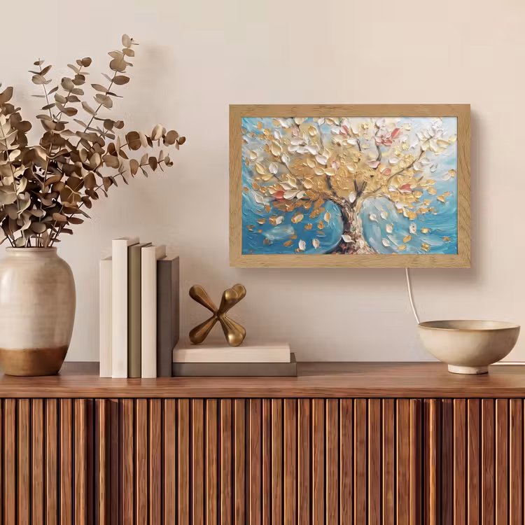 Boom - Blauw - Goud - Abstract - Modern Light Box met kabel (Tafellamp) klein -sfeer2