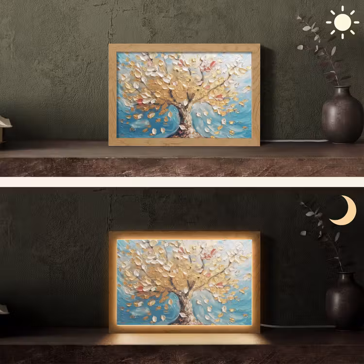 Boom - Blauw - Goud - Abstract - Modern Light Box met kabel (Tafellamp) klein -sfeer3