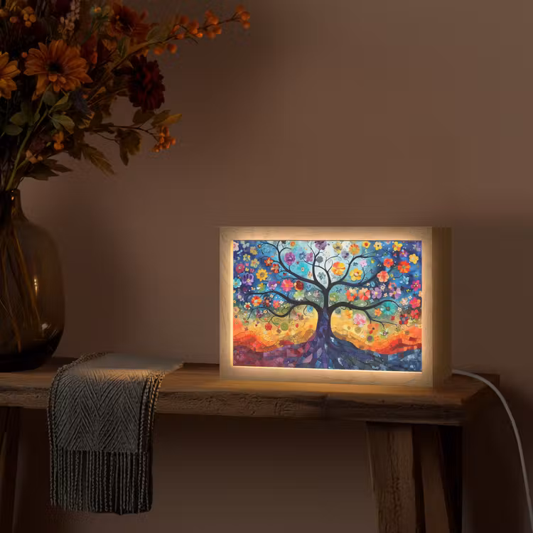 Boom - Kleurrijk - Bloemen - Kunst - Abstract Light Box met kabel (Tafellamp) klein -sfeer4