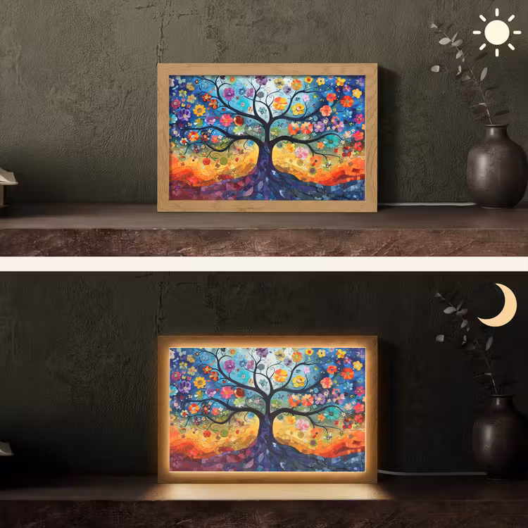 Boom - Kleurrijk - Bloemen - Kunst - Abstract Light Box met kabel (Tafellamp) klein -sfeer3