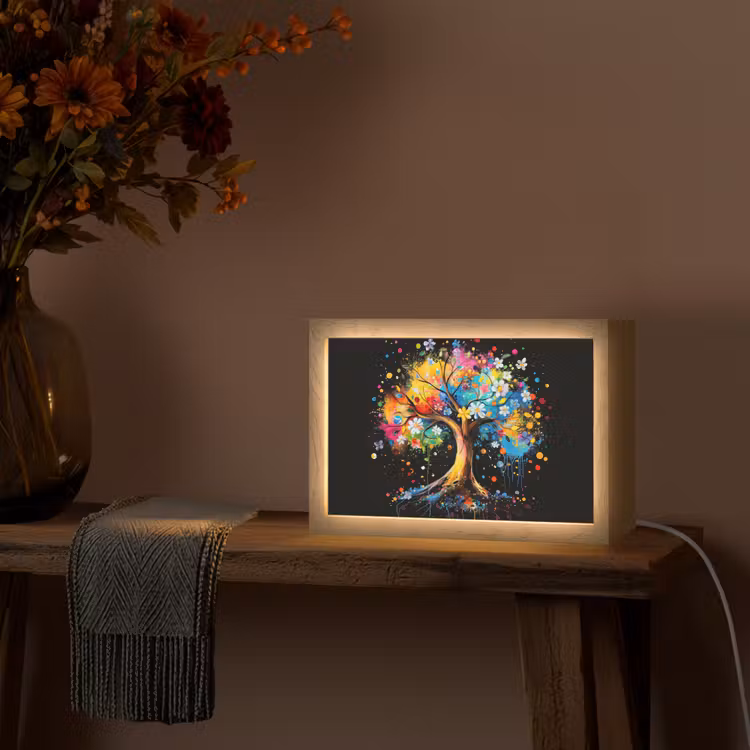 Boom - Kleurrijk - Bloemen - Zwart Light Box met kabel (Tafellamp) klein -sfeer4