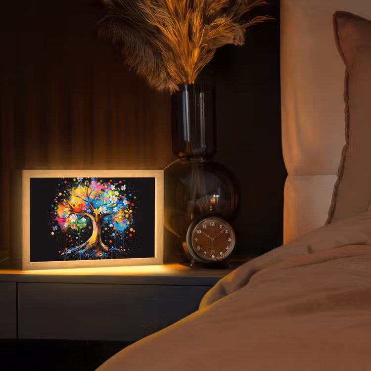 Boom - Kleurrijk - Bloemen - Zwart Light Box met kabel (Tafellamp) klein -sfeer1
