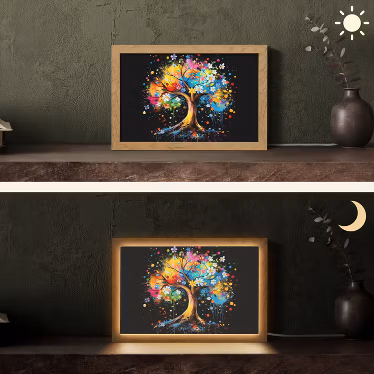 Boom - Kleurrijk - Bloemen - Zwart Light Box met kabel (Tafellamp) klein -sfeer3