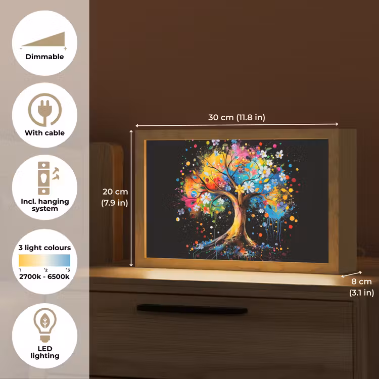 Boom - Kleurrijk - Bloemen - Zwart Light Box met kabel (Tafellamp) klein -USP_EN