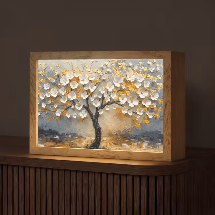 Boom - Bloemen - Goud - Beige Light Box met kabel (Tafellamp) klein -z3d_website