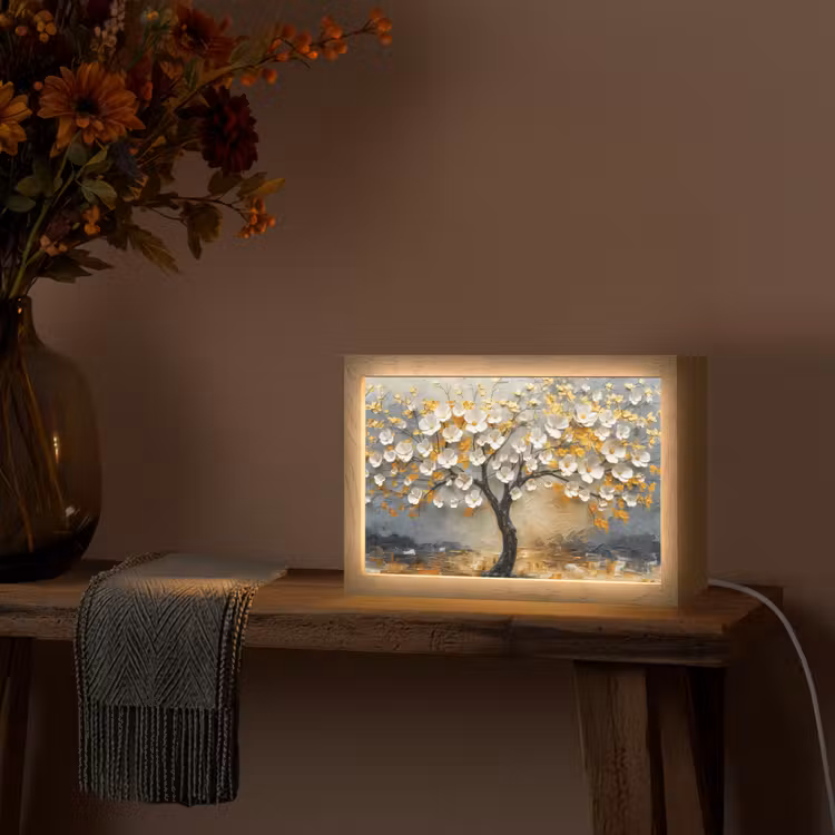 Boom - Bloemen - Goud - Beige Light Box met kabel (Tafellamp) klein -sfeer4