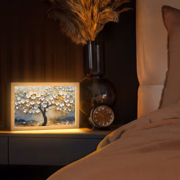 Boom - Bloemen - Goud - Beige Light Box met kabel (Tafellamp) klein -sfeer1