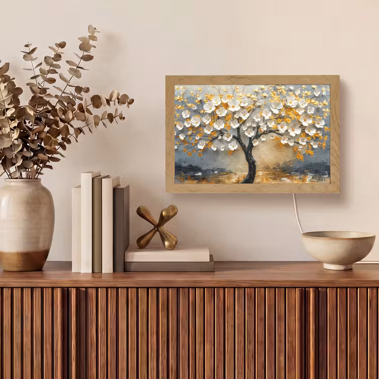 Boom - Bloemen - Goud - Beige Light Box met kabel (Tafellamp) klein -sfeer2