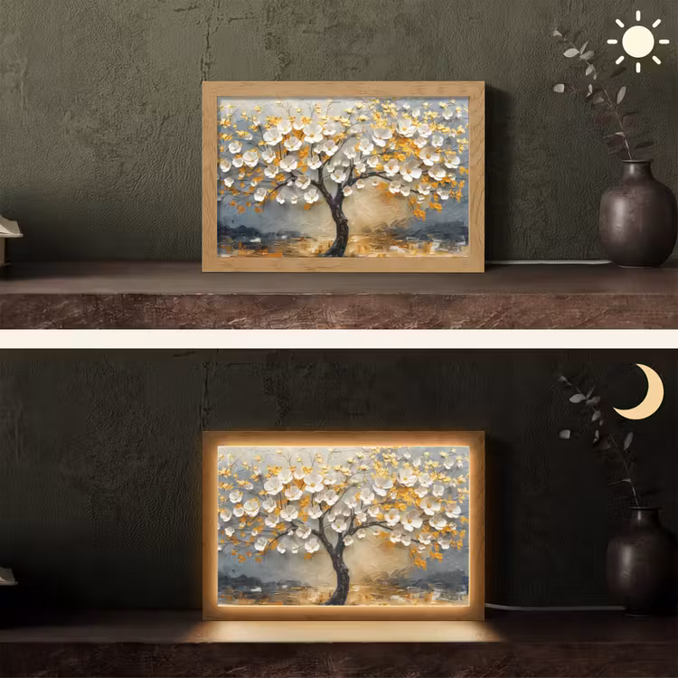 Boom - Bloemen - Goud - Beige Light Box met kabel (Tafellamp) klein -sfeer3