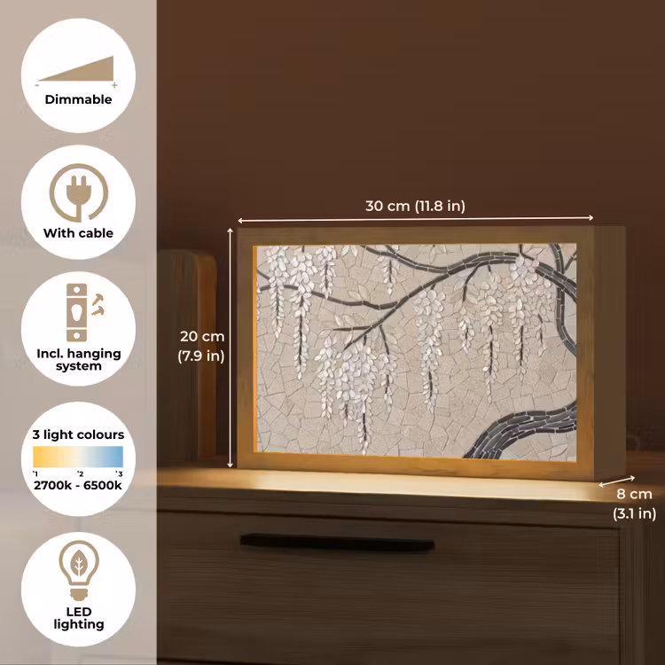 Boom - Bloemen - Mozaïek - Kunst - Wit Light Box met kabel (Tafellamp) klein -USP_EN