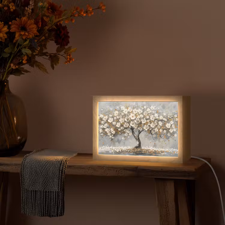 Boom - Goud - Bloemen - Abstract - Kunst Light Box met kabel (Tafellamp) klein -sfeer4