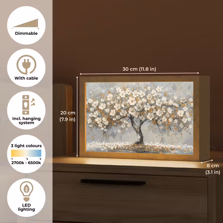 Boom - Goud - Bloemen - Abstract - Kunst Light Box met kabel (Tafellamp) klein -USP_EN
