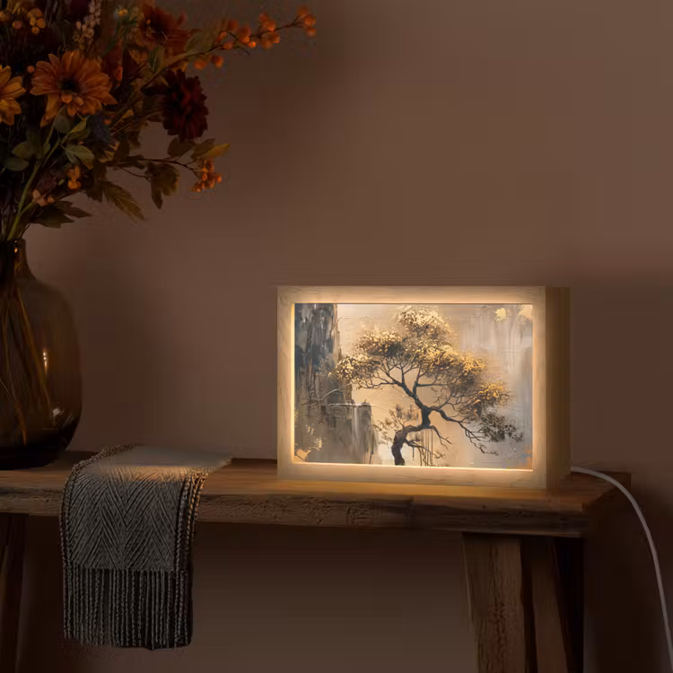 Boom - Goud - Landschap - Verf Light Box met kabel (Tafellamp) klein -sfeer4