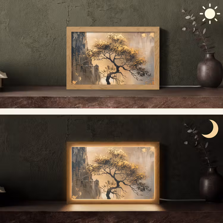 Boom - Goud - Landschap - Verf Light Box met kabel (Tafellamp) klein -sfeer3