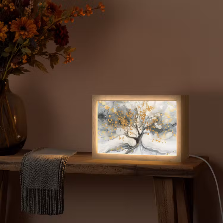 Boom - Modern - Abstract - Goud - Zwart - Wit Light Box met kabel (Tafellamp) klein -sfeer4