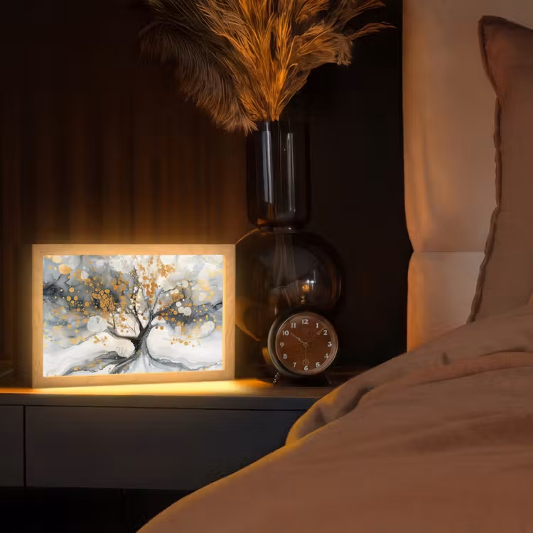 Boom - Modern - Abstract - Goud - Zwart - Wit Light Box met kabel (Tafellamp) klein -sfeer1