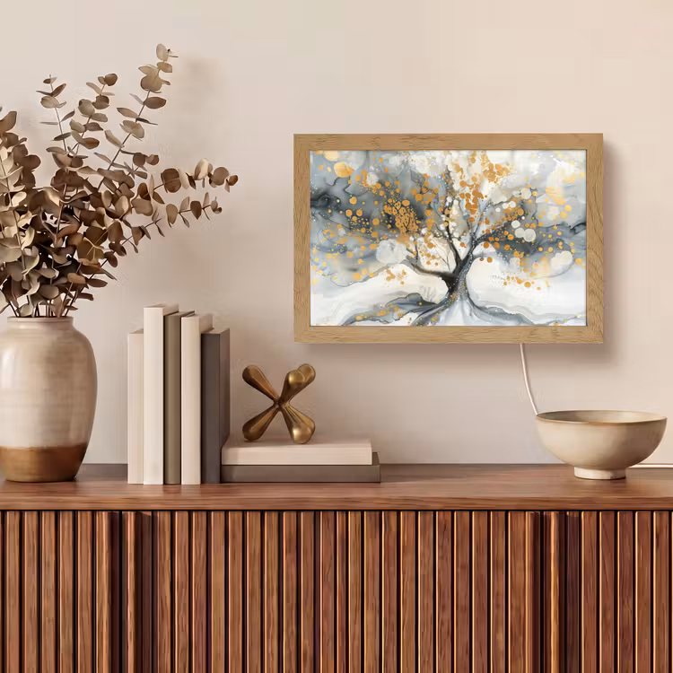 Boom - Modern - Abstract - Goud - Zwart - Wit Light Box met kabel (Tafellamp) klein -sfeer2