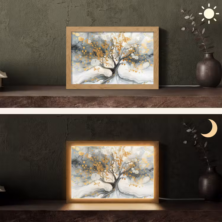 Boom - Modern - Abstract - Goud - Zwart - Wit Light Box met kabel (Tafellamp) klein -sfeer3