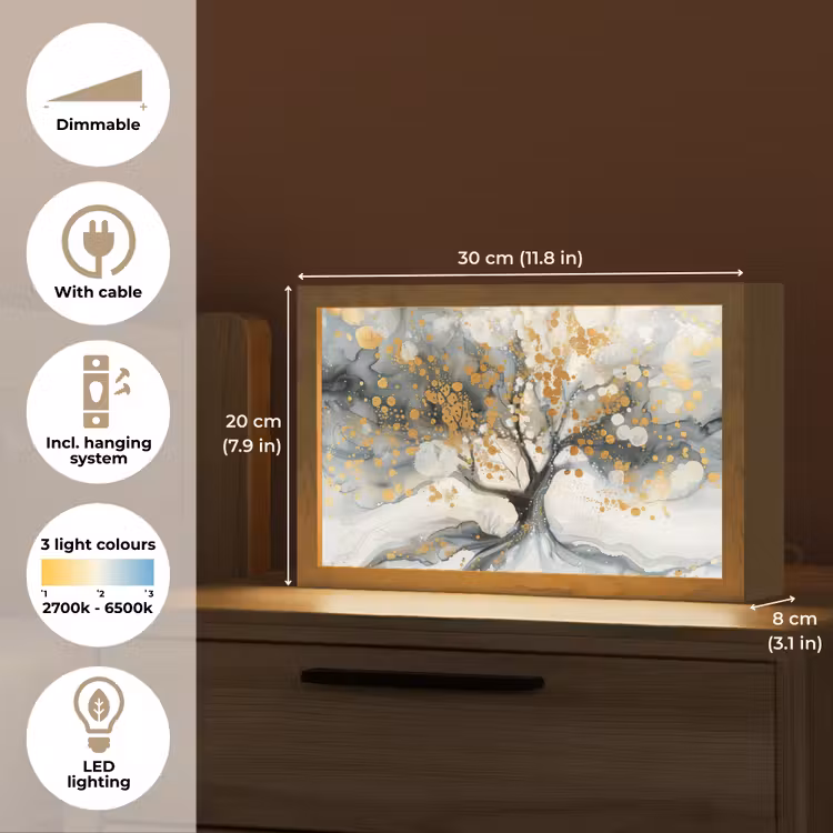 Boom - Modern - Abstract - Goud - Zwart - Wit Light Box met kabel (Tafellamp) klein -USP_EN