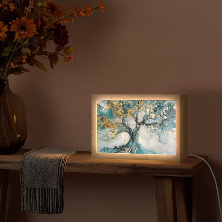 Boom - Modern - Verflook - Turquoise - Goud Light Box met kabel (Tafellamp) klein -sfeer4