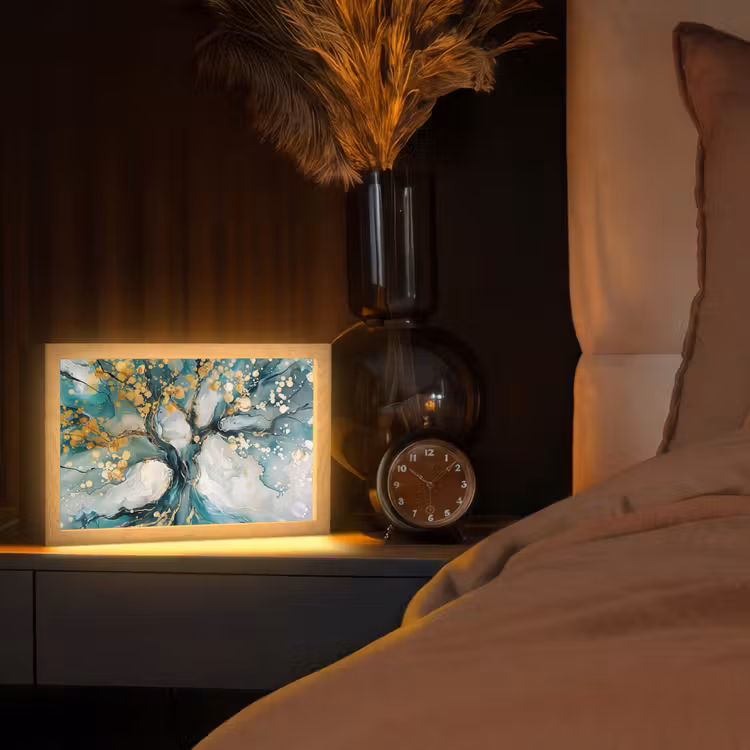Boom - Modern - Verflook - Turquoise - Goud Light Box met kabel (Tafellamp) klein -sfeer1